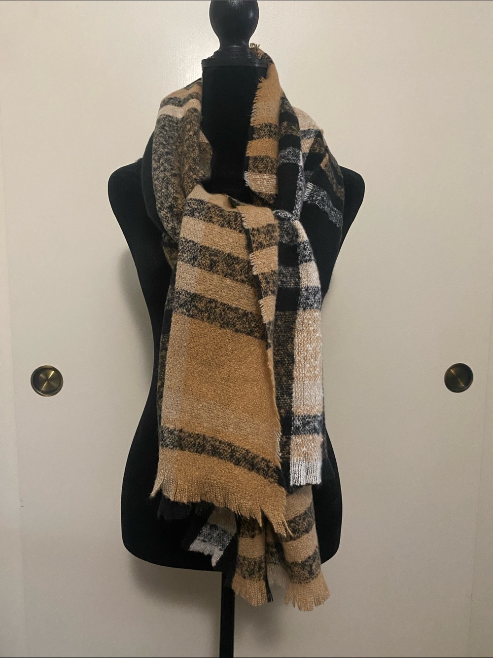 Nine West Plaid Fringe Wrap Scarf in Camel, Black & Cream